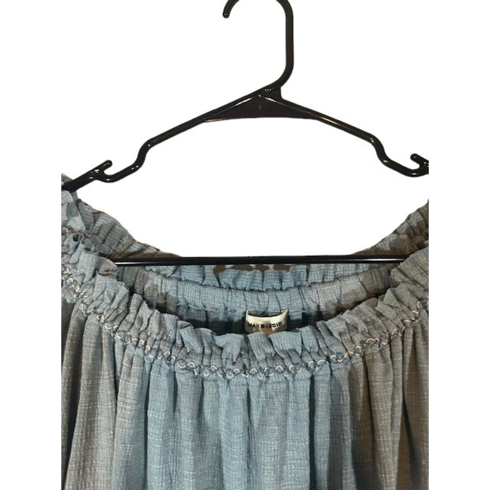 Max Studio Light Blue Short Sleeve Scrunched Wide Neck Blouse Women Sz L - Picture 4 of 9